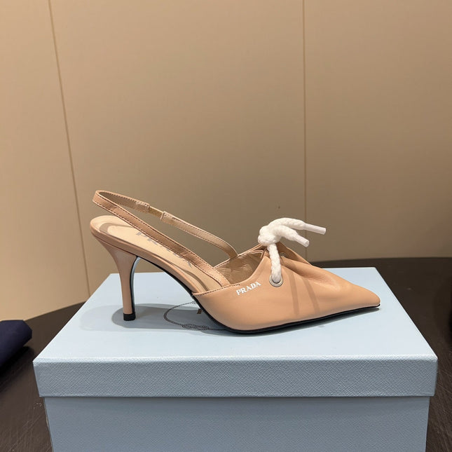PRADA 25S POINTED TOE SLINGBACK 85MM IN BEIGE LAMBSKIN WITH TIE UP DESIGN