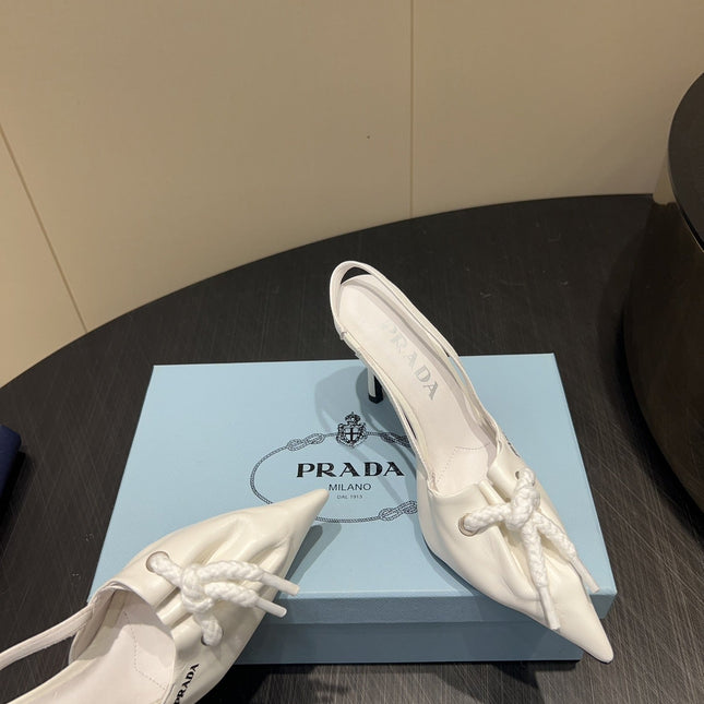 PRADA 25S POINTED TOE SLINGBACK 85MM IN WHITE LAMBSKIN WITH TIE UP DESIGN
