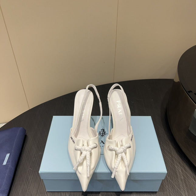 PRADA 25S POINTED TOE SLINGBACK 85MM IN WHITE LAMBSKIN WITH TIE UP DESIGN