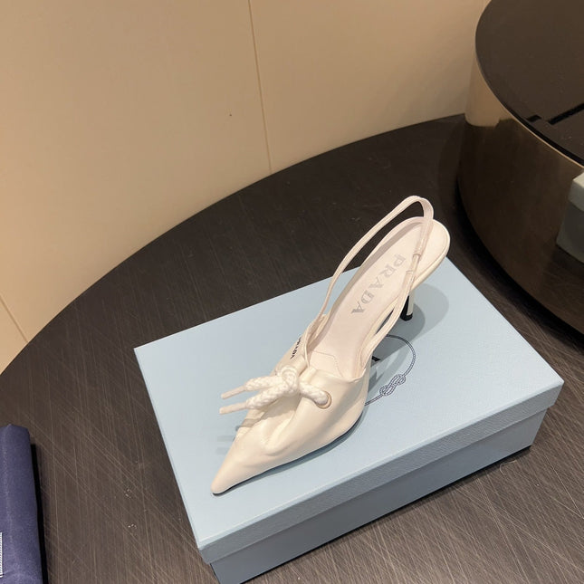 PRADA 25S POINTED TOE SLINGBACK 85MM IN WHITE LAMBSKIN WITH TIE UP DESIGN
