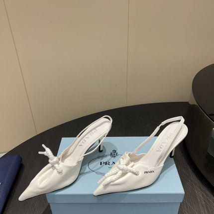 PRADA 25S POINTED TOE SLINGBACK 85MM IN WHITE LAMBSKIN WITH TIE UP DESIGN