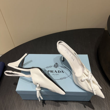 PRADA 25S POINTED TOE SLINGBACK 85MM IN WHITE LAMBSKIN WITH TIE UP DESIGN