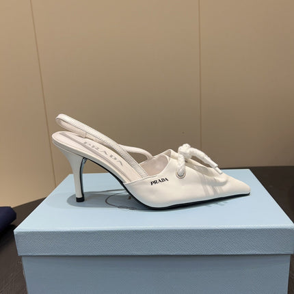 PRADA 25S POINTED TOE SLINGBACK 85MM IN WHITE LAMBSKIN WITH TIE UP DESIGN