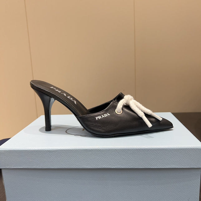 PRADA 25S BRAIDED DETAIL MULES 85MM IN BLACK CALFSKIN