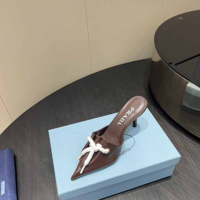 PRADA 25S BRAIDED DETAIL MULES 85MM IN DARK BROWN CALFSKIN