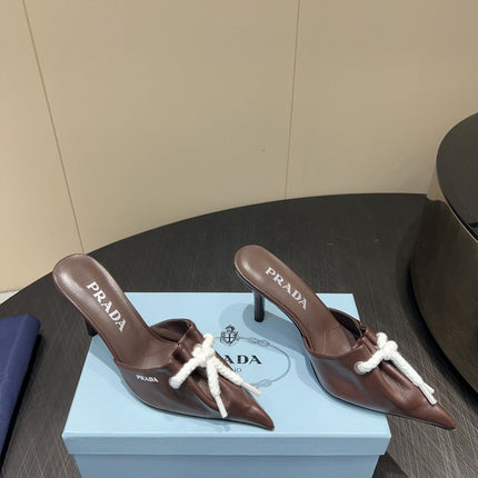 PRADA 25S BRAIDED DETAIL MULES 85MM IN DARK BROWN CALFSKIN