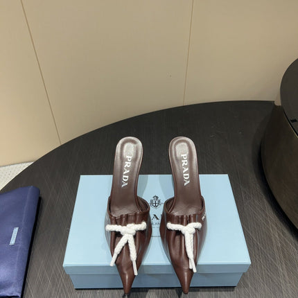 PRADA 25S BRAIDED DETAIL MULES 85MM IN DARK BROWN CALFSKIN