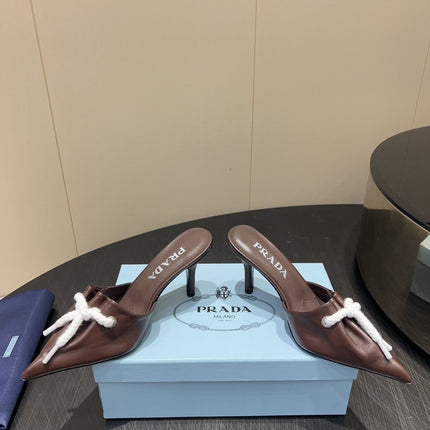 PRADA 25S BRAIDED DETAIL MULES 85MM IN DARK BROWN CALFSKIN