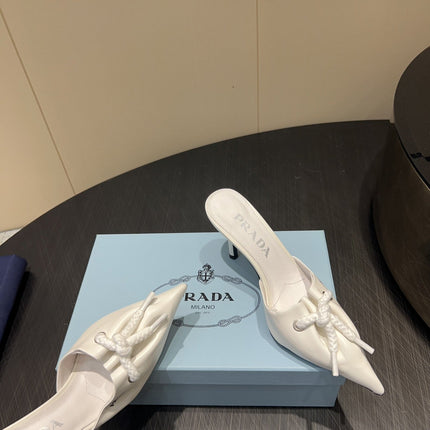 PRADA 25S BRAIDED DETAIL MULES 85MM IN WHITE CALFSKIN