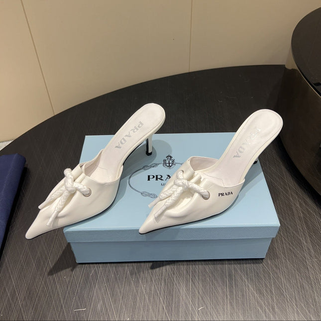 PRADA 25S BRAIDED DETAIL MULES 85MM IN WHITE CALFSKIN