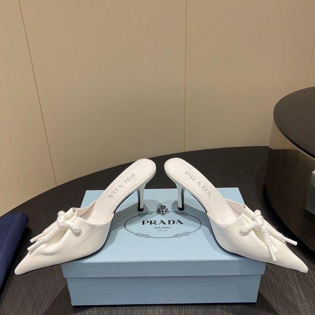 PRADA 25S BRAIDED DETAIL MULES 85MM IN WHITE CALFSKIN