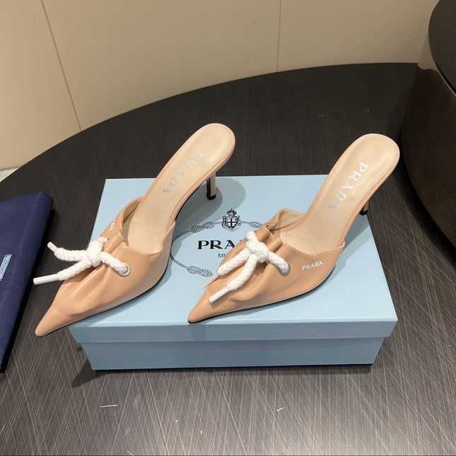 PRADA 25S BRAIDED DETAIL MULES 85MM IN BEIGE CALFSKIN