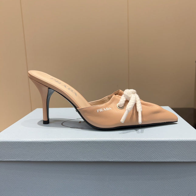 PRADA 25S BRAIDED DETAIL MULES 85MM IN BEIGE CALFSKIN