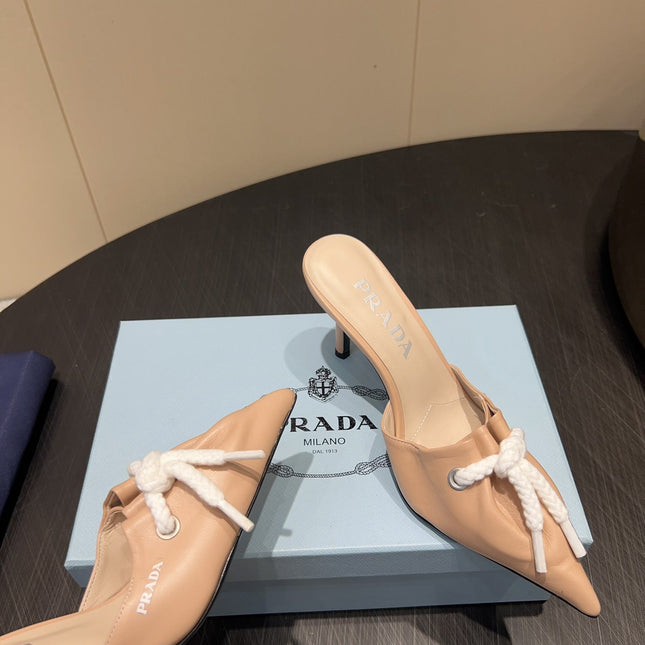 PRADA 25S BRAIDED DETAIL MULES 85MM IN BEIGE CALFSKIN