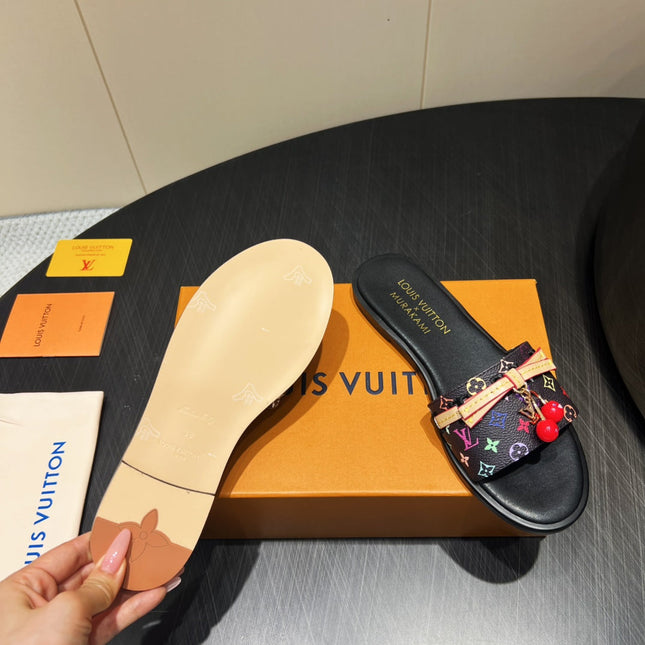 LV SLIDE SANDALS LOGO PRINT 25S IN BLACK CALFSKIN WITH CHERRY BLOSSOM BUCKLE