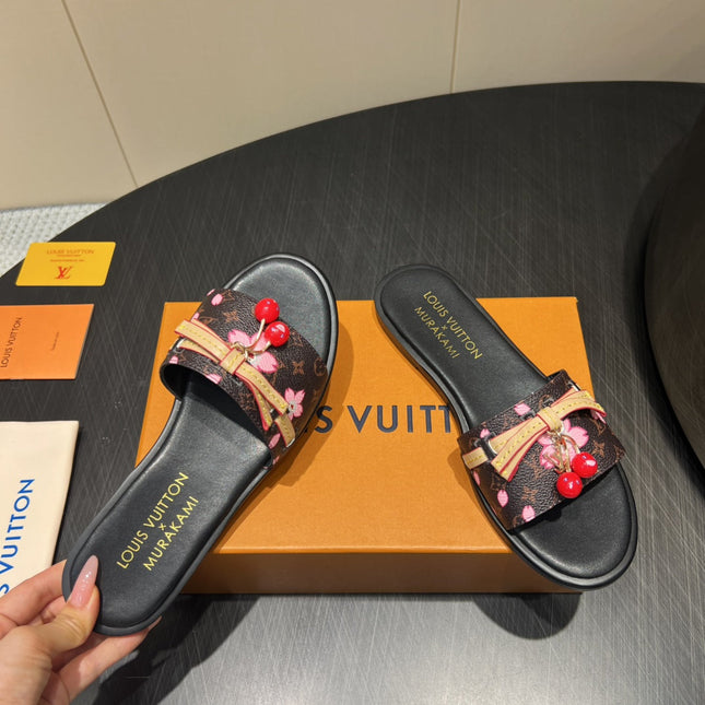 LV SLIDE SANDALS 25S IN DARK BROWN AND BLACK CALFSKIN WITH CHERRY BLOSSOM BUCKLE