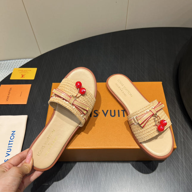 LV SLIDE SANDALS 25S IN BEIGE RAFFIA AND CALFSKIN WITH CHERRY BLOSSOM BUCKLE