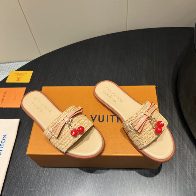 LV SLIDE SANDALS 25S IN BEIGE RAFFIA AND CALFSKIN WITH CHERRY BLOSSOM BUCKLE