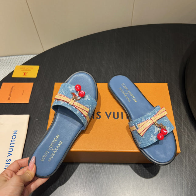 LV SLIDE SANDALS 25S IN BLUE DENIM AND CALFSKIN WITH CHERRY BLOSSOM BUCKLE