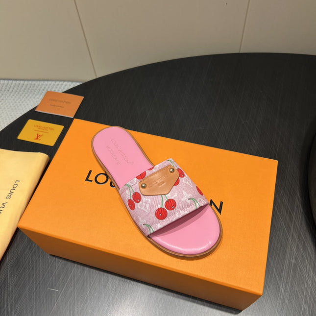LV SLIDE SANDALS 25S IN PINK DENIM AND CALFSKIN WITH LOGO PRINT