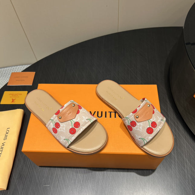 LV SLIDE SANDALS 25S IN BEIGE DENIM AND CALFSKIN WITH LOGO PRINT