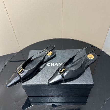 YSL SLINGBACK FLATS 25S IN BLACK LAMBSKIN WITH GOLD HARDWARE