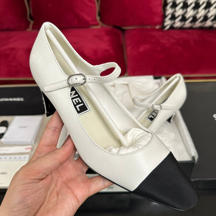HIGH MARY JANE IN WHITE CALFSKIN AND BLACK SATIN