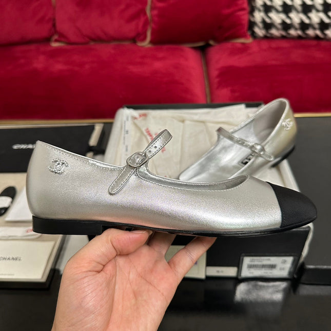 MARY JANE ROUND TOE IN SILVER CALFSKIN AND BLACK SATIN