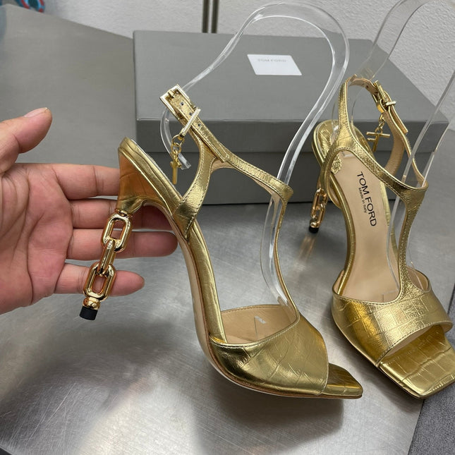 HIGH-HEELED T-STRAP SANDAL IN GOLD CALFSKIN