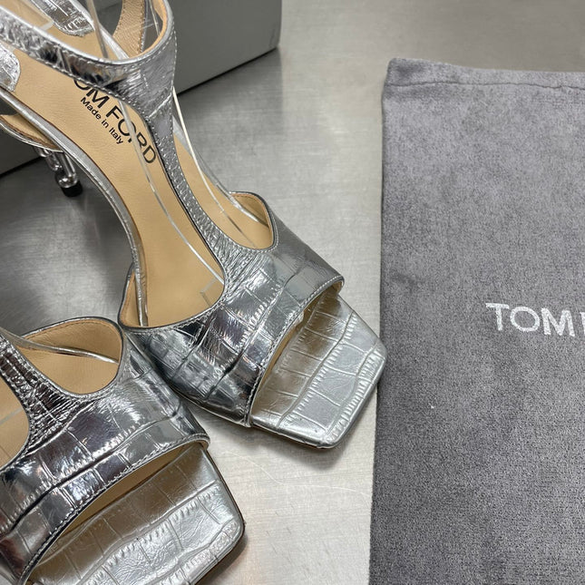 HIGH-HEELED T-STRAP SANDAL IN SILVER CALFSKIN