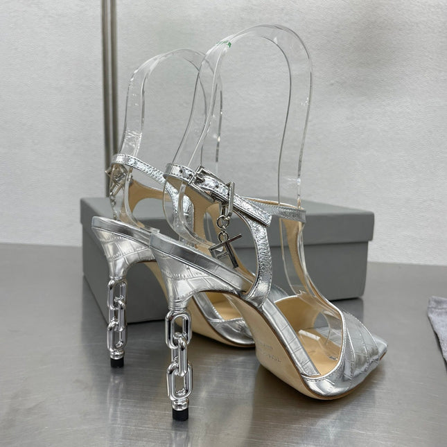 HIGH-HEELED T-STRAP SANDAL IN SILVER CALFSKIN