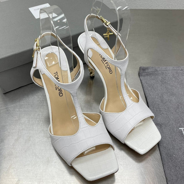 HIGH-HEELED T-STRAP SANDAL IN WHITE CALFSKIN