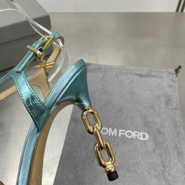 HIGH-HEELED T-STRAP SANDAL IN SKY BLUE CALFSKIN