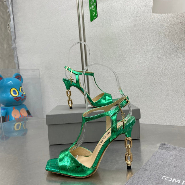 HIGH-HEELED T-STRAP SANDAL IN EMERALD GREEN CALFSKIN