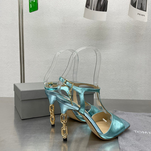 HIGH-HEELED T-STRAP SANDAL IN SKY BLUE CALFSKIN
