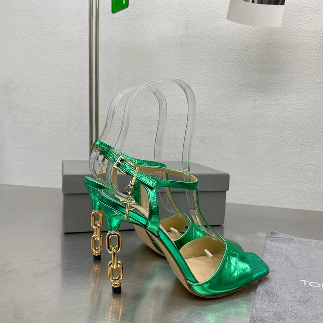 HIGH-HEELED T-STRAP SANDAL IN EMERALD GREEN CALFSKIN