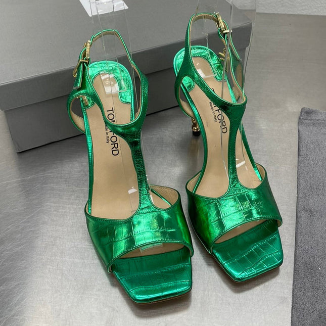 HIGH-HEELED T-STRAP SANDAL IN EMERALD GREEN CALFSKIN