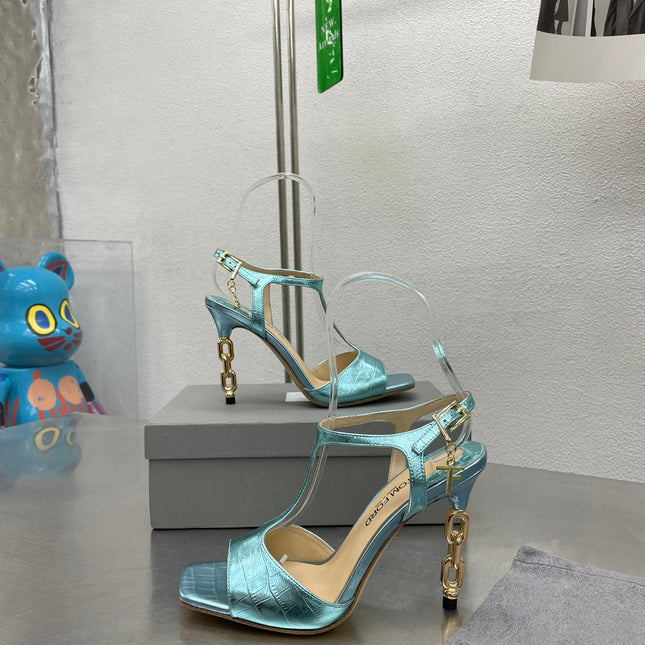 HIGH-HEELED T-STRAP SANDAL IN SKY BLUE CALFSKIN