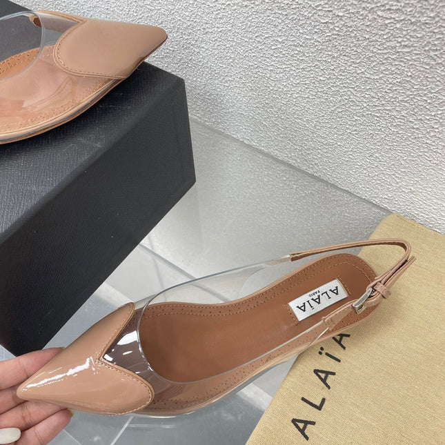 ALAIA LE COEUR FLAT SLINGBACKS IN BEIGE PATENT LAMBSKIN