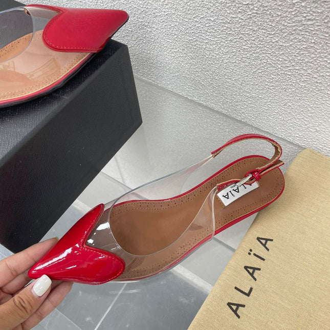 ALAIA LE COEUR FLAT SLINGBACKS IN CHERRY RED PATENT LAMBSKIN