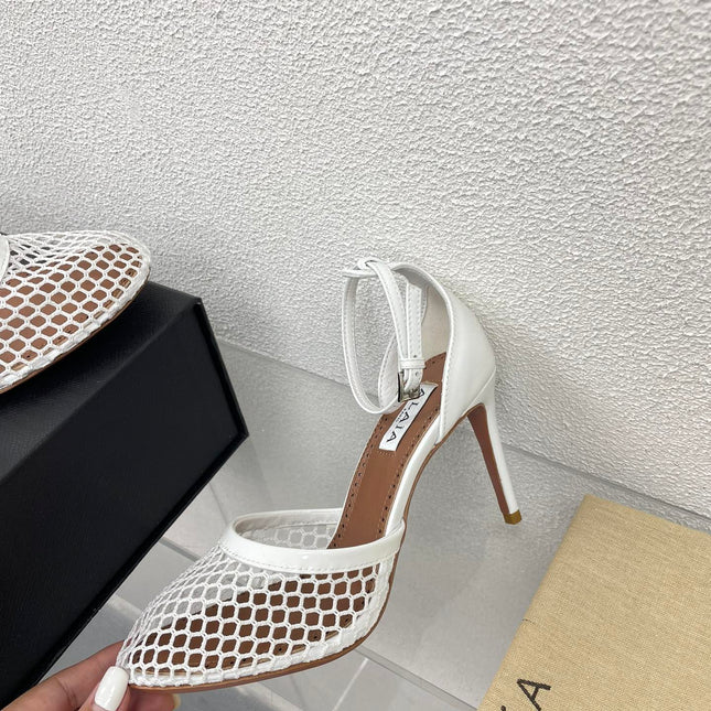 ALAIA HIGH FISHNET 9 CM PUMPS IN WHITE MESH