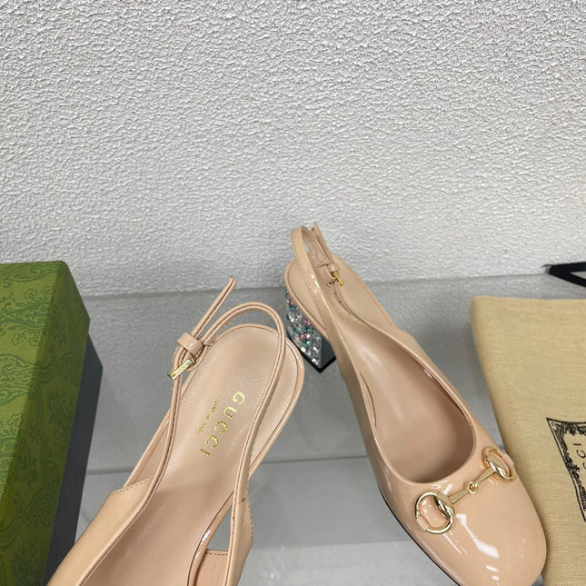 GG WOMEN'S HORSEBIT SLINGBACK IN TAN BEIGE CALFSKIN WITH RHINSTONES