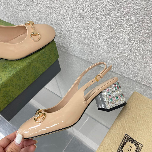 GG WOMEN'S HORSEBIT SLINGBACK IN TAN BEIGE CALFSKIN WITH RHINSTONES