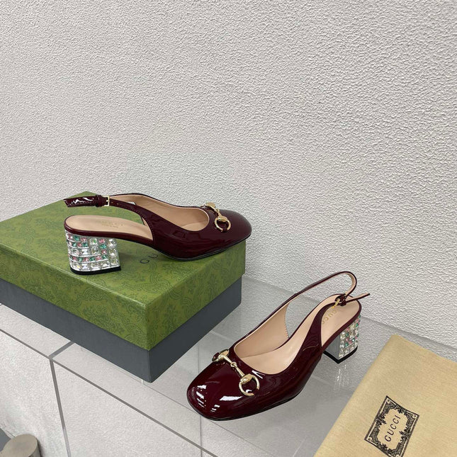 GG WOMEN'S HORSEBIT SLINGBACK IN WINE RED CALFSKIN WITH RHINSTONES