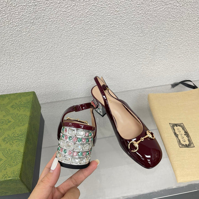 GG WOMEN'S HORSEBIT SLINGBACK IN WINE RED CALFSKIN WITH RHINSTONES