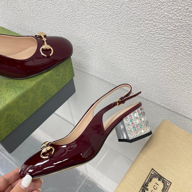 GG WOMEN'S HORSEBIT SLINGBACK IN WINE RED CALFSKIN WITH RHINSTONES