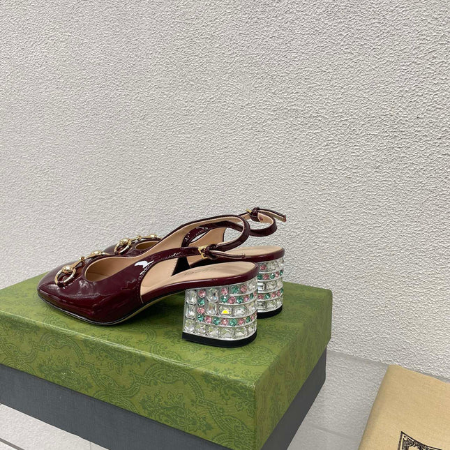 GG WOMEN'S HORSEBIT SLINGBACK IN WINE RED CALFSKIN WITH RHINSTONES