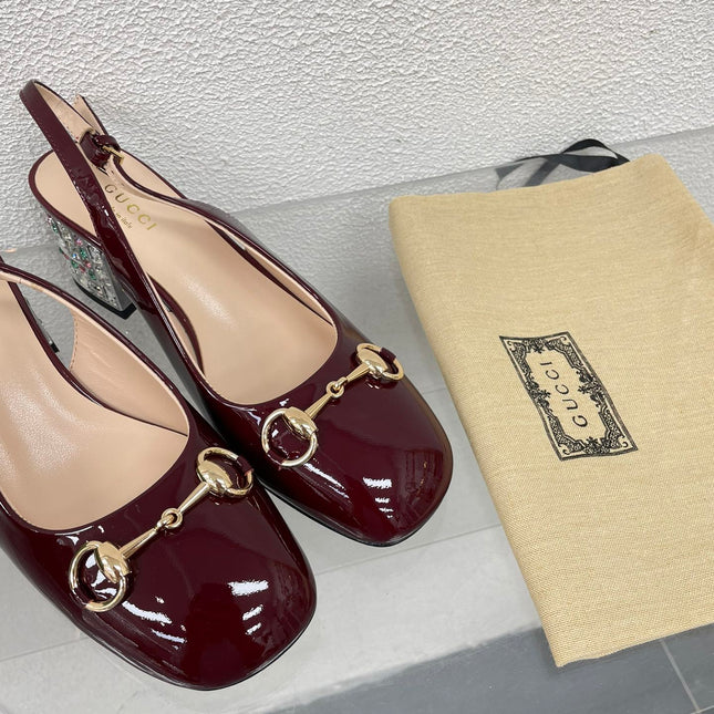 GG WOMEN'S HORSEBIT SLINGBACK IN WINE RED CALFSKIN WITH RHINSTONES