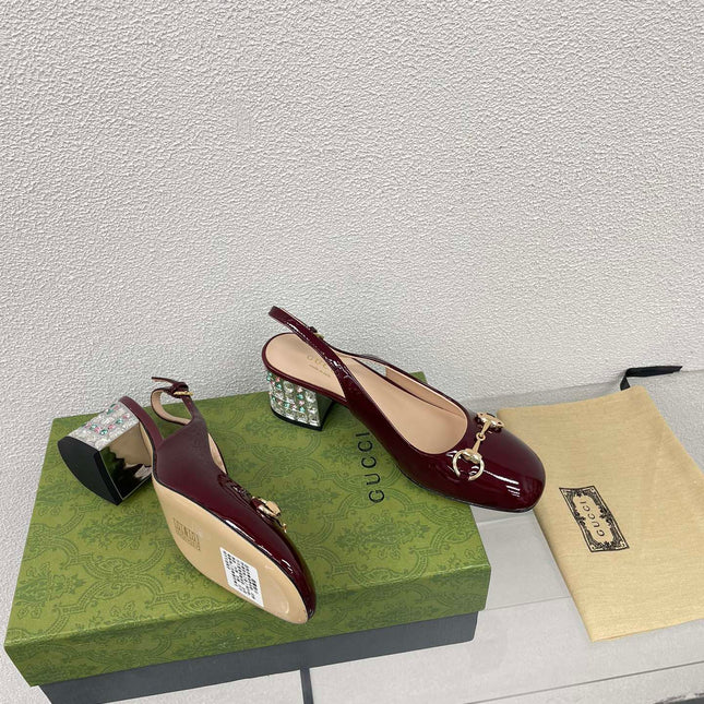 GG WOMEN'S HORSEBIT SLINGBACK IN WINE RED CALFSKIN WITH RHINSTONES