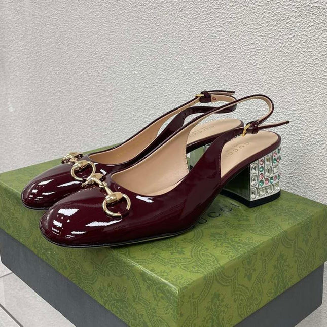 GG WOMEN'S HORSEBIT SLINGBACK IN WINE RED CALFSKIN WITH RHINSTONES
